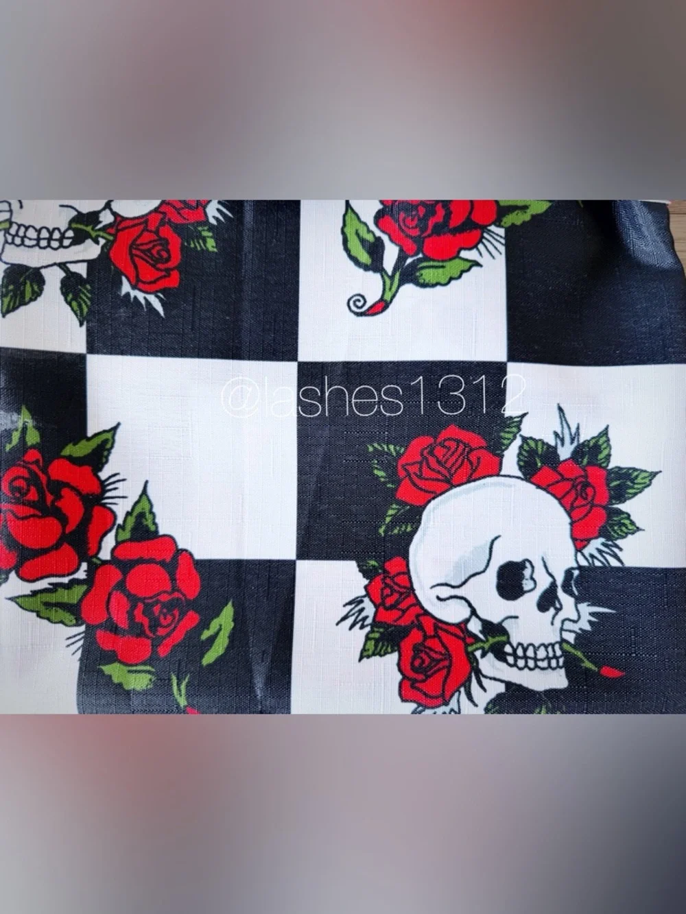 ED HARDY Shower Curtain with Hooks - Black & White Checker with Roses and Skulls